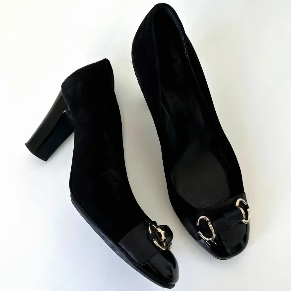 Gucci Classic Black Suede Pumps Bamboo Horsebit Cap Toe IT 39